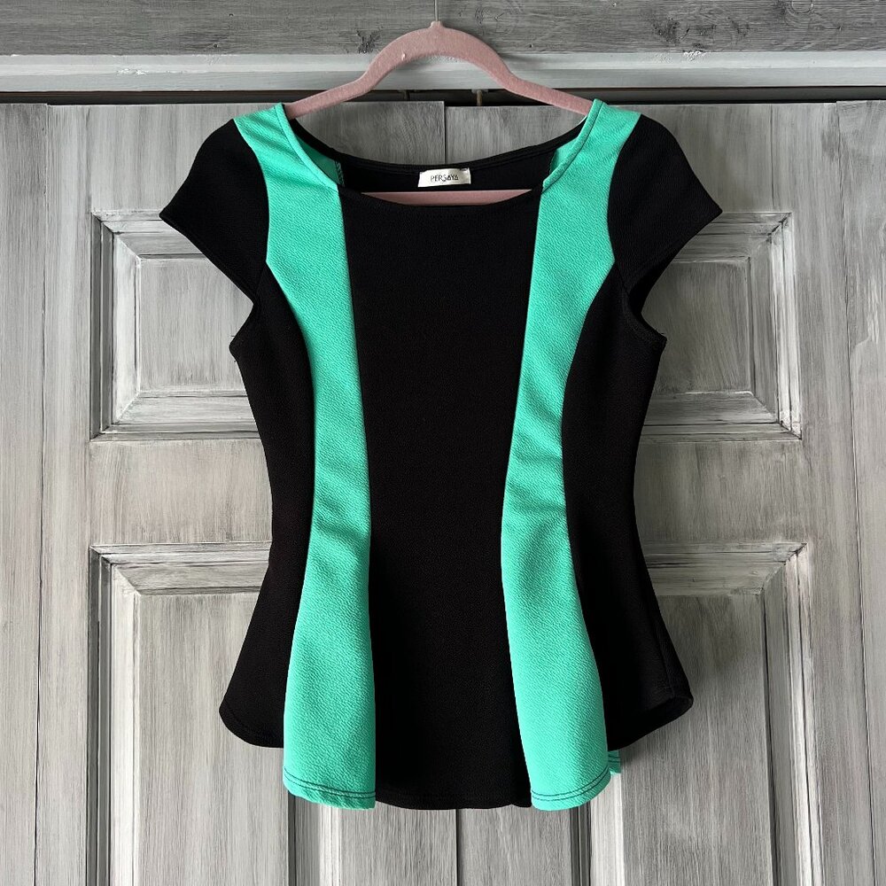 Persaya Black & Sea Foam Green Stripe Peplum Top.  Size L Juniors